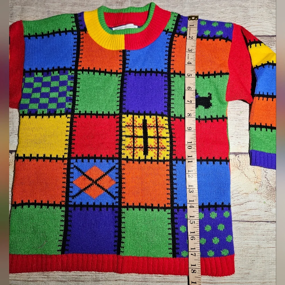 Vintage 80s 90s knit waves mini waves block multi color stitch crewneck sweater
